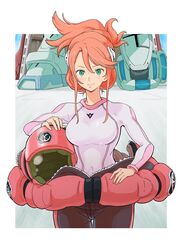  aida_rayhunton bodysuit breasts commentary_request covered_navel double_vertical_stripe female g-self green_eyes gundam gundam_g_no_reconguista hair_ornament hair_up hairpods helmet highres holding holding_helmet looking_at_viewer mecha mitsutsu322 mobile_suit normal_suit pilot_suit pink_bodysuit pink_hair procreate_(medium) robot science_fiction sidelocks smile solo swept_bangs unzipped white_bodysuit 