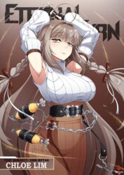  alternate_hair_color armpits arms_up belt black_survival braid breasts brown_eyes brown_hair brown_skirt chains character_name chloe_lim detached_sleeves eternal_return:_black_survival female fingerless_gloves gloves hair_ribbon high-waist_skirt large_breasts long_hair looking_at_viewer narrow_waist ribbon skirt sleeveless sleeveless_sweater spool sweater thread vermillion_dice very_long_hair white_sweater wide_hips 