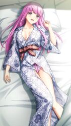  :d blush breasts cleavage collarbone doukyuusei doukyuusei_another_world female from_above futon game_cg japanese_clothes kimono long_hair long_sleeves lying medium_breasts on_back open_mouth panties pillow pink_hair pink_panties print_kimono red_eyes sakuragi_mai smile solo straight_hair underwear very_long_hair white_kimono 