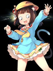  :d animal_ear_fluff animal_ears azur_lane bare_legs black_background blush brown_hair buttons candy cat_ears cat_girl cat_tail commentary_request cowboy_shot female food hat hat_ornament kindergarten_uniform lifebuoy_hair_ornament lightning_background lollipop long_sleeves looking_down low_twintails miniskirt mutsuki_(azur_lane) mutsuki_face_(azur_lane) neckerchief oerba_yun_fang open_mouth outstretched_arm pleated_skirt sailor_collar school_hat short_hair short_twintails sidelocks simple_background skirt smile solo standing tail tail_raised twintails white_sailor_collar yellow_hat yellow_neckerchief yellow_skirt youhei_64d 