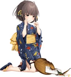  animal_print bird_print brown_eyes brown_hair depth_charge female fish fish_(food) food frown full_body geta grilled_fish hoshiakari_(c2_kikan) japanese_clothes kantai_collection kimono medium_hair official_art plate ribbon sad saury short_hair torn_clothes transparent_background ukuru_(kancolle) yellow_ribbon yukata 