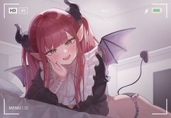  absurdres bad_id bad_pixiv_id bed black_nails blush commentary cosplay demon_girl demon_horns demon_tail demon_wings female green_eyes highres horns indoors kitagawa_marin long_hair looking_at_viewer lying nail_polish on_stomach open_mouth panties pillow pointy_ears recording red_hair rizu-kyun rizu-kyun_(cosplay) shionori_(bpo_o) smile solo sono_bisque_doll_wa_koi_wo_suru tail teeth twintails underwear upper_teeth_only wings 