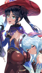  2girls :d ^^^ ahoge aqua_eyes ass ass_worship back backless_outfit bare_shoulders black_gloves black_hair blue_cape blue_hair blue_headwear blue_leotard blush bodystocking breasts brown_legwear cape commentary_request detached_sleeves earrings elbow_gloves fur_collar ganyu_(genshin_impact) genshin_impact gloves gold_trim hand_on_another&#039;s_ass hat hat_ornament head_on_ass head_rest highleg highleg_leotard highres horns jewelry large_breasts leotard long_hair looking_at_viewer looking_back medium_breasts mona_(genshin_impact) multiple_girls open_mouth pantyhose pendant purple_eyes shiny_pantyhose shoulder_blades smile star_(symbol) star_earrings thighlet thighs twintails uenoryoma vision_(genshin_impact) witch_hat yuri 