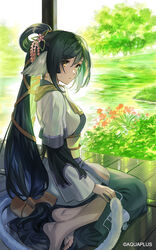  aquaplus bangs barefoot black_hair brown_eyes commentary_request eyebrows_visible_through_hair female flower from_side full_body highres kuon_(utawarerumono) long_hair looking_at_viewer low-tied_long_hair plant red_flower reflection sitting solo tree umishima_senbon utawarerumono utawarerumono:_itsuwari_no_kamen very_long_hair 