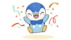  blush closed_eyes commentary_request confetti full_body happy no_humans official_art open_mouth piplup pokemon pokemon_(creature) project_pochama solo streamers toes tongue white_background 