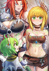  3girls abs absurdres ahoge alternate_costume arm_tattoo arms_behind_back bandaged_arm bandages bare_shoulders bikini black_bikini black_choker blonde_hair blue_eyes blush breasts brown_skirt brown_tube_top capelet chest_tattoo choker cleavage closed_mouth collarbone commentary commission duel_monster fur_trim green_eyes green_hair groin hair_between_eyes hairband hatano_kiyoshi highres large_breasts leg_tattoo looking_at_another looking_at_viewer medium_breasts midriff miniskirt multiple_girls navel nose_blush open_mouth pelt pixiv_commission red_hair rookie_warrior_lady scar scar_on_face scar_on_nose short_hair_with_long_locks sidelocks skirt smile standing stomach_tattoo strapless sweat swimsuit tattoo tube_top vambraces war_rock_skyler war_rock_wento white_capelet white_hairband wolf_pelt yu-gi-oh! 