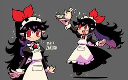  :&gt; :d alternate_costume alternate_hairstyle apron black_dress black_hair blush_stickers bow character_name colored_inner_hair cup dress enmaided female flying_sweatdrops grey_background hairbow hand_up highres juliet_sleeves jumping long_hair long_sleeves looking_at_viewer maid maid_apron multicolored_hair multiple_views oerba_yun_fang open_mouth original pointy_ears ponytail puffy_sleeves purple_hair rariatto_(ganguri) red_bow red_eyes simple_background slit_pupils smile sparkle teacup teapot tray very_long_hair white_apron zakuro_(rariatto) 