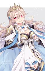  absurdres armor breasts cape cleavage corrin_(female)_(fire_emblem) corrin_(female)_(silent_bloodline)_(fire_emblem) corrin_(fire_emblem) crown female fire_emblem fire_emblem_fates fire_emblem_heroes frills gloves hair_between_eyes hair_ornament highres hiyori_(rindou66) jewelry long_hair looking_at_viewer medium_breasts official_alternate_costume pointy_ears red_eyes shoulder_armor smile solo upper_body white_hair 