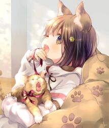  ;o animal animal_ear_fluff animal_ears blush brown_cat brown_eyes brown_hair cat_ears cat_girl covering_own_mouth cushion drawstring feline female hair_ornament hairclip hood hood_down hoodie kuga_tsukasa long_sleeves one_eye_closed open_mouth original paw_hair_ornament red_ribbon ribbon solo upper_body white_hoodie yawning 