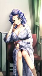  black_panties blue_hair breasts brown_eyes cleavage collarbone curly_hair doukyuusei doukyuusei_another_world female game_cg head_rest indoors japanese_clothes kimono kusanagi_yayoi large_breasts long_hair looking_at_viewer off_shoulder panties parted_lips print_kimono sitting smile solo sumeragi_kohaku underwear white_kimono 