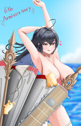  :q ahoge armpits arms_up azur_lane beach bikini black_hair blue_sky blurry blurry_background breasts cleavage cloud collarbone female hair_between_eyes heart highres large_breasts long_hair manjuu_(azur_lane) milestone_celebration ocean ohwani333 red_eyes rigging sky stretching swimsuit taihou_(azur_lane) thigh_strap tongue tongue_out unworn_bikini_bottom white_bikini 