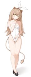  absurdres animal_ears bare_arms bare_legs bare_shoulders black_footwear blush brown_hair collarbone fake_animal_ears female full_body groin hand_up highleg highleg_leotard highres indie_virtual_youtuber legs leotard lion_ears lion_girl lion_tail long_hair nyuu_(pixiv12143565) playboy_bunny pout rabbit_ears rurudo_lion solo standing strapless strapless_leotard tail virtual_youtuber white_background white_leotard wrist_cuffs yellow_eyes 