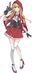  abukuma_(kancolle) abukuma_kai_ni_(kancolle) blonde_hair blue_eyes burnt_clothes cape capelet cloak cosplay female full_body gun high_heels hood hooded_capelet kantai_collection konishi_(koconatu) little_red_riding_hood little_red_riding_hood_(grimm) little_red_riding_hood_(grimm)_(cosplay) long_hair official_art pumps red_capelet red_hood thighhighs torn_clothes transparent_background turret weapon white_thighhighs 