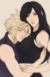  1boy artist_name bad_id bad_twitter_id black_hair blonde_hair breasts closed_eyes cloud_strife commentary female final_fantasy final_fantasy_vii final_fantasy_vii_remake head_rest highres hug large_breasts long_hair looking_at_viewer open_mouth pudelmudel red_eyes spiked_hair tifa_lockhart twitter_username 