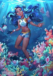  air_bubble akuo armlet belly_chain bike_shorts black_hair blue_eyeshadow blush bubble clamperl commentary coral coral_reef corsola crop_top dark-skinned_female dark_skin dynamax_band earrings english_commentary eyeshadow female finneon freediving gloves hair_bun hoop_earrings jewelry light_rays long_hair looking_at_viewer luvdisc makeup multicolored_hair navel necklace nessa_(pokemon) pokemon pokemon_(creature) pokemon_swsh sandals single_glove single_hair_bun swimming toes two-tone_hair underwater 