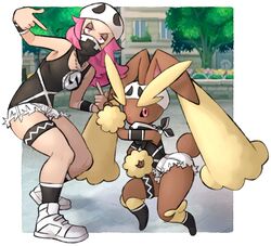  2022 ambiguous_gender anthro ass black_clothing black_footwear black_sclera black_socks blonde_eyebrows bone bottomwear breasts brown_body brown_ears brown_fur brown_tail clothed clothing cutoffs denim denim_bottomwear denim_clothing duo eyebrows female fingernails footwear fully_clothed fur generation_4_pokemon gesture grunt_(pokemon) hair hand_gesture headgear headwear human lagomorph larger_female larger_human leporid looking_at_viewer lopunny mammal monotone_clothing monotone_footwear multicolored_clothing multicolored_footwear multicolored_socks nails nark nintendo pink_hair pointing pokemon pokemon_(species) pose rabbit shorts size_difference skull skull_grunt smaller_ambiguous smaller_anthro socks tail team_skull two_tone_clothing two_tone_footwear two_tone_socks white_bottomwear white_clothing white_footwear white_shorts white_socks yellow_body yellow_ears yellow_fur 