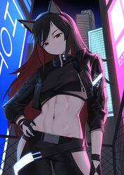  absurdres ambience_synesthesia animal_ear_fluff animal_ears arknights black_hair black_jacket black_pants black_shirt breasts city closed_mouth colored_inner_hair contrapposto cowboy_shot crop_top cropped_jacket female hand_on_own_hip highres hip_vent jacket long_hair long_sleeves looking_at_viewer multicolored_hair navel neon_lights night official_alternate_costume open_clothes open_jacket outdoors pants red_eyes red_hair shirt siguya small_breasts solo stomach texas_(arknights) toned very_long_hair wolf_ears 