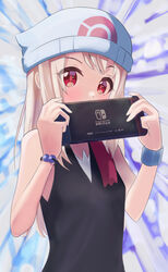  beanie black_shirt blush breasts cosplay dawn_(pokemon) dawn_(pokemon)_(cosplay) fate/kaleid_liner_prisma_illya fate_(series) female hair_between_eyes handheld_game_console hat holding holding_handheld_game_console illyasviel_von_einzbern long_hair looking_at_viewer nintendo_switch pan_korokorosuke pokemon pokemon_dppt red_eyes shirt sidelocks sleeveless sleeveless_shirt small_breasts solo white_hair white_hat 