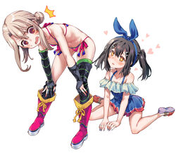  +_+ 2girls @_@ ^^^ asymmetrical_gloves asymmetrical_legwear bare_shoulders bent_over bikini black_gloves black_hair black_legwear blue_one-piece_swimsuit blue_ribbon blush boots boshi_(a-ieba) breasts brown_eyes casual_one-piece_swimsuit collarbone commentary_request cosplay double_bun dress_swimsuit fate/grand_order fate/kaleid_liner_prisma_illya fate_(series) female_pervert gloves hair_bun hair_ornament hair_ribbon hairclip heart highres illyasviel_von_einzbern illyasviel_von_einzbern_(swimsuit_archer) illyasviel_von_einzbern_(swimsuit_archer)_(cosplay) illyasviel_von_einzbern_(swimsuit_archer)_(third_ascension) knee_boots long_hair looking_at_ass miyu_edelfelt multiple_girls navel off-shoulder_one-piece_swimsuit off_shoulder one-piece_swimsuit open_mouth partially_fingerless_gloves pervert pink_bikini pink_footwear red_eyes ribbon sandals sidelocks sitting small_breasts sparkling_eyes staring swimsuit thighhighs twintails wariza wavy_mouth white_hair yuri 