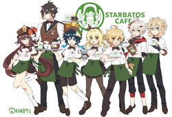  2girls 5boys aether_(genshin_impact) ahoge albedo_(genshin_impact) alternate_costume androgynous apron aqua_eyes barista beret black_gloves black_hair black_headwear blonde_hair blue_eyes bow braid braided_ponytail brand_name_imitation breasts brother_and_sister brown_hair coffee coffee_mug coffee_pot collared_shirt colored_tips cup earrings english_commentary english_text flower full_body genshin_impact gloves gradient_hair green_apron green_eyes hair_between_eyes hair_flower hair_ornament hair_ribbon hat hat_flower holding holding_tray hu_tao_(genshin_impact) jewelry kaedehara_kazuha kneehighs leg_up long_hair long_sleeves looking_at_viewer lumine_(genshin_impact) medium_breasts medium_hair menu mug multicolored_hair multiple_boys multiple_girls n4391 open_mouth pantyhose plum_blossoms ponytail porkpie_hat red_eyes red_hair ribbon shirt shoes short_hair short_hair_with_long_locks shorts siblings sidelocks single_braid single_earring skirt smile socks standing standing_on_one_leg starbucks streaked_hair symbol-shaped_pupils tassel tassel_earrings tongue tongue_out tray twin_braids twintails twitter_username two-tone_hair venti_(genshin_impact) very_long_hair vest waist_apron waiter waitress white_background white_flower white_hair white_socks yellow_eyes zhongli_(genshin_impact) 