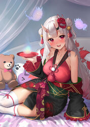  absurdres bed bell book bowl breasts cleavage curtains double_bun female hair_bell hair_bun hair_ornament highres holding holding_book hololive horns karma_(nakiri_ayame) large_breasts looking_at_viewer lying mask mask_on_head nakiri_ayame nakiri_ayame_(1st_costume) nanaushi on_side oni_mask paw_print pillow red_eyes rope shimenawa shiranui_(nakiri_ayame) skin-covered_horns smile star_(symbol) star_print stuffed_animal stuffed_toy teddy_bear thighhighs virtual_youtuber white_hair 