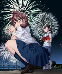  1boy amano_megumi amano_megumi_wa_suki_darake! artist_name black_footwear blue_skirt blue_socks blush book brown_hair female fireworks glasses green_eyes hair_between_eyes holding holding_book loafers long_hair looking_at_viewer nekoguchi night night_sky own_hands_together pleated_skirt rectangular_eyewear road shindou_manabu shirt shoes short_sleeves signature skirt sky smile socks squatting standing star_(sky) thick_thighs thighs white_shirt 