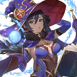  aqua_eyes bare_shoulders black_gloves black_hair blue_cape blue_hat blue_leotard bodystocking book breasts cape cleavage covered_navel detached_sleeves earrings elbow_gloves female fur_collar genshin_impact gloves gold_trim hat hat_ornament highleg highleg_leotard jewelry kelinch1 leotard long_hair looking_at_viewer medium_breasts mona_(genshin_impact) open_mouth orb pantyhose solo star_(symbol) star_earrings thighlet thighs twintails water witch_hat 