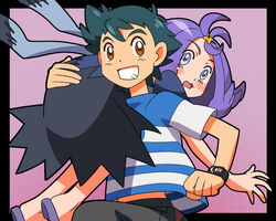  1boy acerola_(pokemon) amada black_hair blue_eyes blush carrying dress female open_mouth pokemon pokemon_(anime) pokemon_sm_(anime) purple_eyes purple_hair satoshi_(pokemon) shirt short_hair shoulder_carry smile t-shirt z-ring 