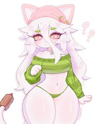  ? animal_ears cat_ears cat_girl cat_tail cattail cattail_(plants_vs_zombies) chikomokii closed_mouth collar female furry furry_female green_panties green_sweater highres long_hair panties pink_collar pink_headwear pink_pupils plant plants_vs_zombies solo sweater tail underwear white_fur white_hair 