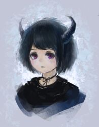  black_choker black_hair black_shirt choker closed_mouth female fjsmu highres horns looking_at_viewer original portrait purple_eyes ribbon_choker shirt short_hair solo 