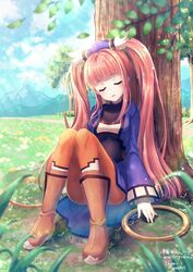  boots chakram cloud commission dated dewprism dress female flower full_body grass long_hair mint_(dewprism) mountain open_mouth orange_pantyhose outdoors pantyhose pink_hair skeb_commission sleeping solo tree twintails vesper_(pixiv3568) weapon 