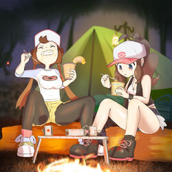  2girls ass breasts campfire camping cap cleavage clothing cute eating happy hilda_(pokemon) holding_cup looking_at_food microsd_(artist) night outdoors pokemon pokemon_bw pokemon_bw2 ponytail ramen rosa_(pokemon) thick_thighs 