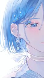  backlighting bad_id bad_pixiv_id blue_eyes blue_hair blue_theme choker close-up commentary earrings female flower gem hair_behind_ear hair_strand jewelry looking_down morning_glory neck_ribbon nekome_toworu original ornament_focus pearl_(gemstone) portrait ribbon short_hair solo wet wet_hair white_choker 