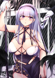  azur_lane bare_shoulders between_breasts black_hairband blunt_bangs blush breasts cleavage closed_mouth commentary_request dido_(anxious_bisque_doll)_(azur_lane) dido_(azur_lane) disembodied_hand dress female gloves hairband highres ibara_azuki large_breasts light_purple_hair long_hair official_alternate_costume purple_eyes side_slit signature thick_thighs thighs white_gloves 