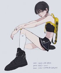  backpack bag black_footwear black_hair black_nails black_skirt commentary female highres knee_up kneehighs microskirt original shoes short_hair sitting skirt socks solo symbol-only_commentary tami_moon white_legwear yellow_bag yellow_nails 