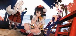  3girls ability_card_(touhou) animal_ears geta hat highres himekaidou_hatate holding holding_phone inubashiri_momiji long_hair multiple_girls nuqura phone sandals shameimaru_aya shirt skirt socks tail tengu-geta toes tokin_hat touhou touhou_lostword twintails wolf_ears wolf_tail 