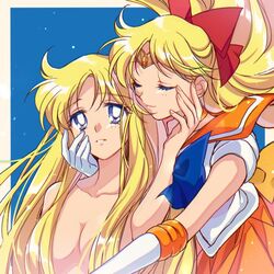  2girls aino_minako bishoujo_senshi_sailor_moon blonde_hair blue_background blue_bow blue_eyes border bow breasts closed_eyes closed_mouth clothed_female_nude_female convenient_censoring dual_persona gloves hair_censor hair_over_breasts hairbow long_hair magical_girl multiple_girls nude orange_sailor_collar orange_skirt outside_border parted_lips pleated_skirt red_bow sailor_collar sailor_senshi_uniform sailor_venus skirt suzuki_(2red_moon3) teenage tiara white_border white_gloves yuri 