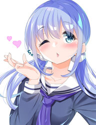  blowing_kiss blue_eyes blue_hair blue_shirt blush cacao_(chocolat) chestnut_mouth collarbone commentary_request female hair_between_eyes hair_ornament hair_scrunchie heart long_hair long_sleeves looking_at_viewer low_twintails nijisanji one_eye_closed parted_lips purple_nails sailor_collar school_uniform scrunchie serafuku shirt simple_background solo twintails upper_body virtual_youtuber white_background white_sailor_collar white_scrunchie yuuki_chihiro yuuki_chihiro_(2nd_costume) 