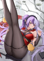  absurdres arm_strap ass azur_lane black_pantyhose blue_eyes bodystocking breasts chamuhz double_bun female hair_bun highres leg_lift legs_up long_hair long_legs lying manjuu_(azur_lane) medium_breasts multicolored_hair official_alternate_costume pantyhose purple_hair red_shirt shirt split-color_hair thigh_strap thighs two-tone_hair very_long_hair white_hair ying_swei_(azur_lane) ying_swei_(frolicking_flowers_verse_i)_(azur_lane) 