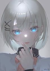  blue_eyes closed_mouth eyelashes female fingernails glowing glowing_eyes grey_background hair_ornament hairclip highres index_finger_raised light_smile long_sleeves looking_at_viewer portrait short_hair siesta_(tantei_wa_mou_shindeiru) solo tantei_wa_mou_shindeiru wangza white_hair x_hair_ornament 