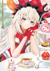  bad_id bad_pixiv_id black_skirt chair closed_mouth commentary_request cup day dress fate/grand_order fate_(series) female food fruit gloves green_eyes hands_up hat highres indoors long_hair looking_at_viewer marie_antoinette_(fate) on_chair pleated_skirt red_dress red_gloves red_hat saucer sheepd skirt sleeveless sleeveless_dress smile solo spoon strawberry teacup teapot tiered_tray very_long_hair white_hair window 