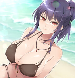  armpit_crease beach bikini black_bikini black_choker blush breasts choker cleavage collarbone covered_nipples day female folded_ponytail front-tie_bikini_top front-tie_top gem jewelry kinako_(mzknk0) large_breasts lens_flare light_particles looking_at_viewer mole mole_on_breast navel ocean outdoors pendant purple_hair red_eyes red_gemstone rin_(senran_kagura) sand senran_kagura senran_kagura_burst shiny_skin shore side-tie_bikini_bottom sidelocks smile solo stomach sunlight swimsuit teacher unworn_eyewear water waves 