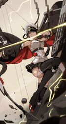  azur_lane boots bow_(weapon) cosplay drawing_bow elesa_(pokemon) english_commentary enterprise_(azur_lane) enterprise_(azur_lane)_(cosplay) female hat highres holding holding_bow_(weapon) holding_weapon lightning military military_hat military_uniform necktie off_shoulder pokemon pokemon_bw2 rigging thighhighs uniform vivivoovoo weapon 