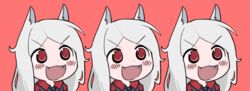  3girls :d animal_ears blush cerberus_(helltaker) commentary dog_ears dog_girl fangs gyate_gyate helltaker long_hair multiple_girls necktie open_mouth red_background red_eyes siblings simple_background sisters smile soup-plz triplets v-shaped_eyebrows waistcoat white_hair 