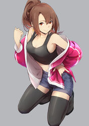  \m/ absurdres bare_shoulders black_tank_top black_thighhighs breasts brown_hair cleavage commentary_request earrings female from_above hand_up highres jacket jewelry kneeling long_hair long_sleeves looking_at_viewer medium_breasts midriff navel noraico off_shoulder open_clothes open_jacket original pink_jacket ponytail red_eyes shorts simple_background smile solo tank_top thighhighs 