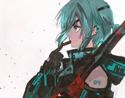  alternate_hairstyle aqua_eyes aqua_hair bare_shoulders black_gloves commentary dotori_(seulseul) earclip eating eyepatch female food from_side gloves gun hatsune_miku highres hood hood_down long_sleeves looking_afar looking_away mouth_hold ponytail profile pushing rifle scar scar_on_face scar_on_nose sidelocks skull_and_crossbones sniper_rifle solo unzipped upper_body vocaloid weapon white_background 