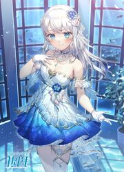  bare_shoulders blue_eyes blue_theme blush breasts choker cleavage closed_mouth commentary_request copyright_name dress earrings female fish flower gloves hair_flower hair_ornament hand_on_own_chest hand_up highres indie_virtual_youtuber indoors jewelry kikugetsu long_hair looking_at_viewer milestone_celebration mole mole_under_eye nagino_mashiro nagino_mashiro_(2st_costume) necklace smile solo standing strapless strapless_dress virtual_youtuber white_gloves white_hair window 