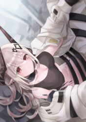  arknights black_collar black_shirt breasts cleavage collar crop_top demon_horns dutch_angle ear_piercing female from_above grey_hair highres horns infection_monitor_(arknights) jacket large_breasts long_hair looking_at_viewer material_growth mudrock_(arknights) mudrock_(elite_ii)_(arknights) open_clothes open_jacket oripathy_lesion_(arknights) piercing pointy_ears red_eyes saiko_(saisaka) shirt solo white_jacket 