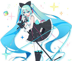  aqua_eyes aqua_hair argyle bare_shoulders black_bow black_footwear black_skirt boots bow cable commentary cowboy_shot cube eighth_note female frilled_skirt frills gloves hairbow hatsune_miku headphones highres holding holding_microphone holding_microphone_stand hoop_skirt knee_boots leaning_forward long_hair magical_mirai_(vocaloid) magical_mirai_miku magical_mirai_miku_(2016) microphone microphone_stand monitaros_393 musical_note open_mouth shirt skirt sleeveless sleeveless_shirt smile solo sparkle twintails very_long_hair vocaloid white_background white_gloves white_legwear white_shirt 