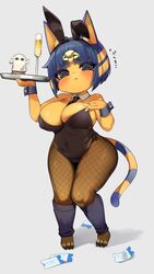  absurdres alcohol animal_crossing animal_ears ankha_(animal_crossing) bare_shoulders black_eyes blue_hair breasts champagne_flute cleavage colored_skin commentary_request cup drinking_glass female fishnet_pantyhose fishnets full_body grey_background highres jovejun large_breasts looking_at_viewer pantyhose playboy_bunny simple_background solo tail yellow_skin 